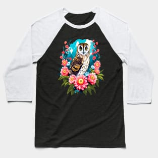 A Cute Short Eared Owl Surrounded by Bold Vibrant Spring Flowers Baseball T-Shirt